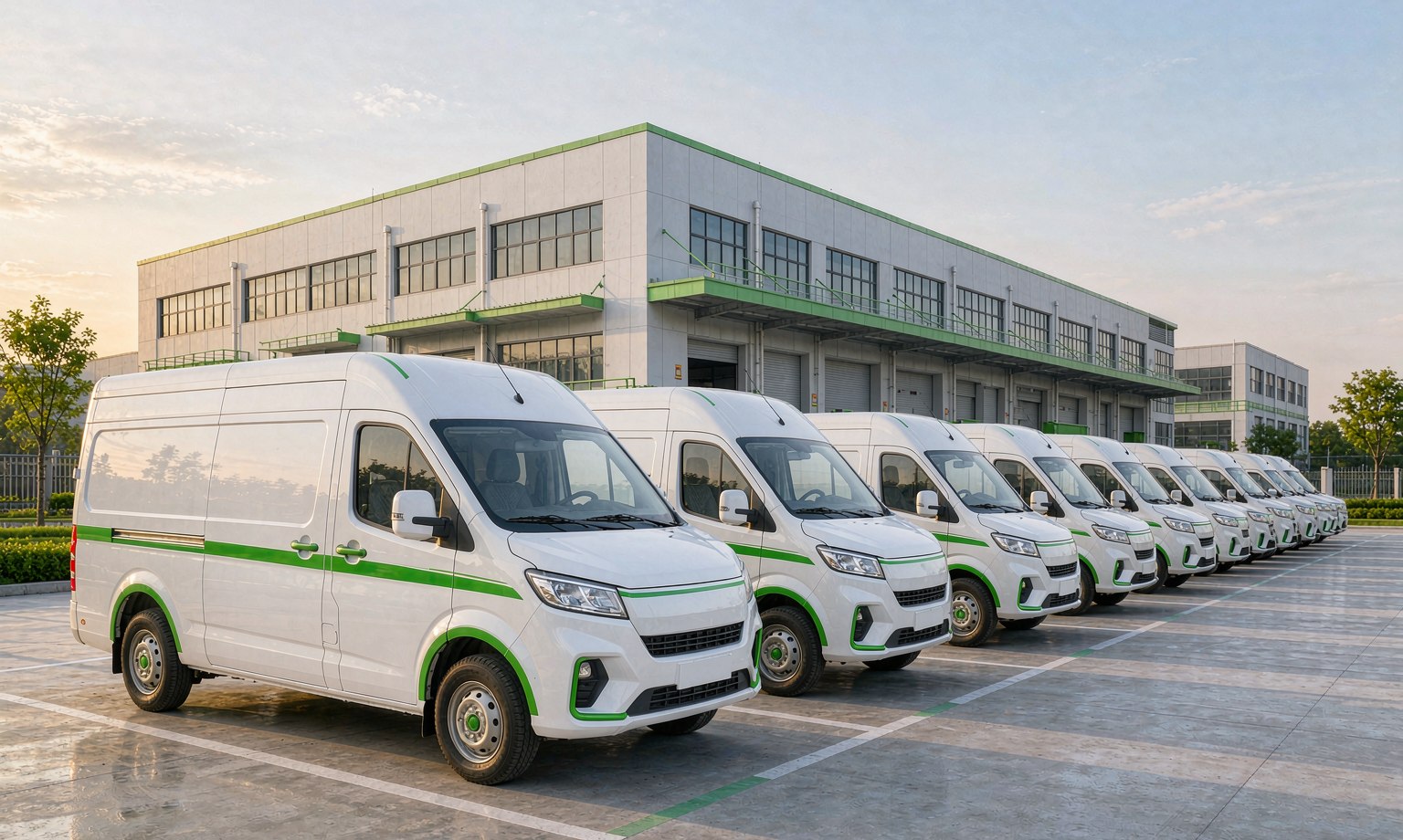 成都信果物流提送货运力：整齐排列的封闭厢式货车队